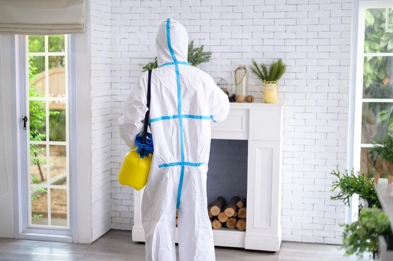 A medical staff in PPE suit is using disinfectant spray in living room, Covid-19 protection — cleaning after fumigation